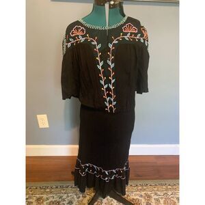 Antik Batik Black Embroidered Rouched Midi Dress, size S
